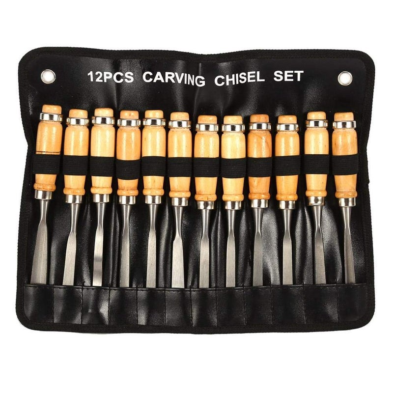 ZERONE Wood Chisel Tool Set, 12pcs Woodworking Chisels Wood Carving Tools Trimming Down Wood Woodworking Lathe Gouges Tools with Roll-Up Carrying Case for Carpenter,6mm (1/4"), 12mm (1/2") - Image 1
